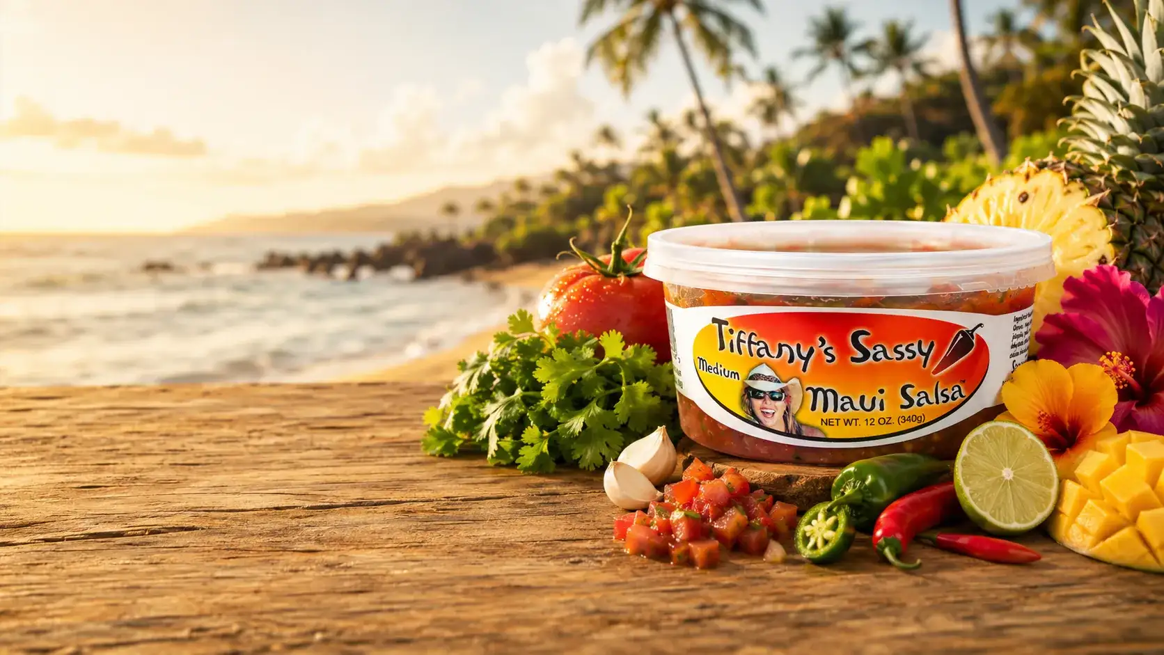A tub of Tiffany's Sassy Maui Salsa on weathered wood with fresh tomatoes, cilantro, garlic, chillies, lime, mango, pineapple and hibiscus, a Maui beach behind