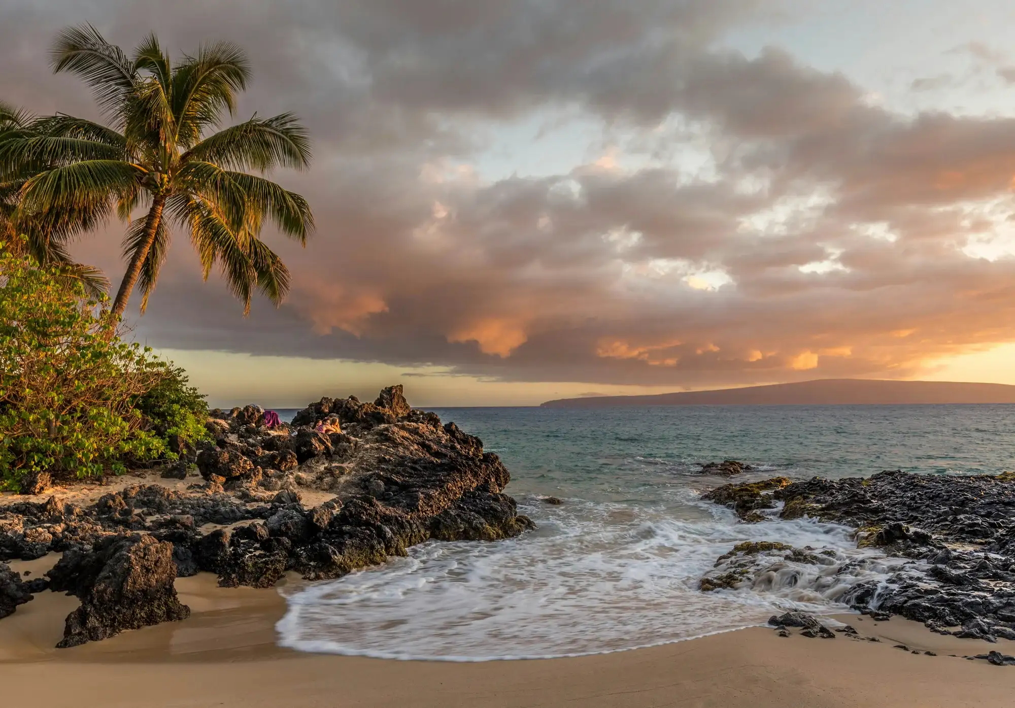 A Maui beach at sunset, palms leaning over lava rock and surf