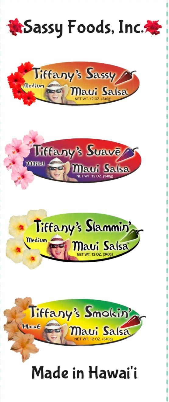 The Sassy Foods, Inc. brand sheet showing all four Tiffany's Maui Salsa labels with hibiscus flowers