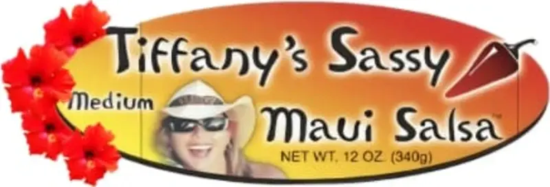 The Tiffany's Sassy Maui Salsa label, with Tiffany in her sun hat and sunglasses