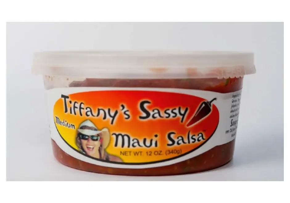 A 12 oz tub of Tiffany's Sassy Maui Salsa