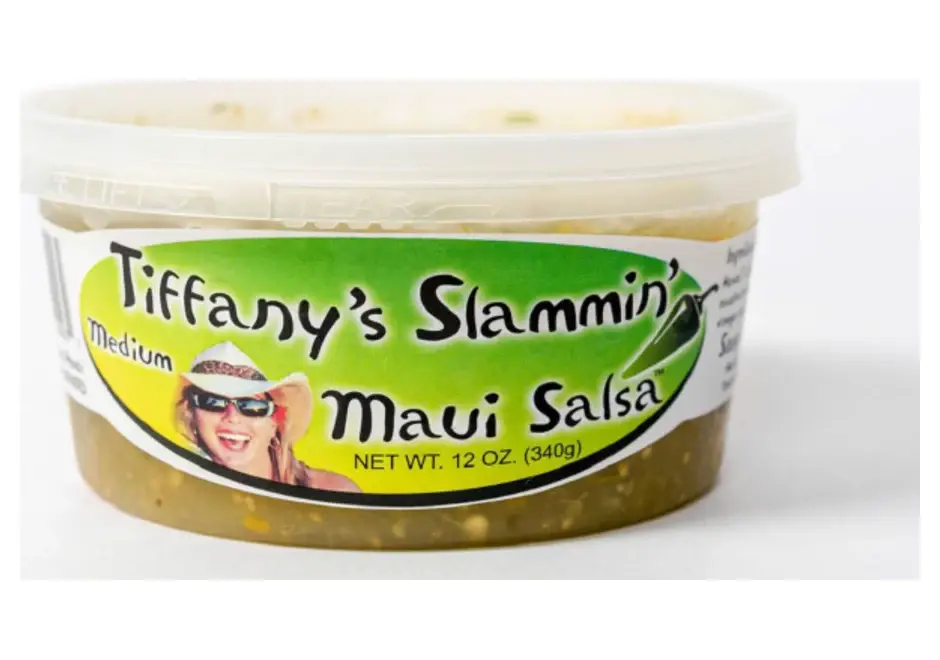 A 12 oz tub of Tiffany's Slammin' Maui Salsa