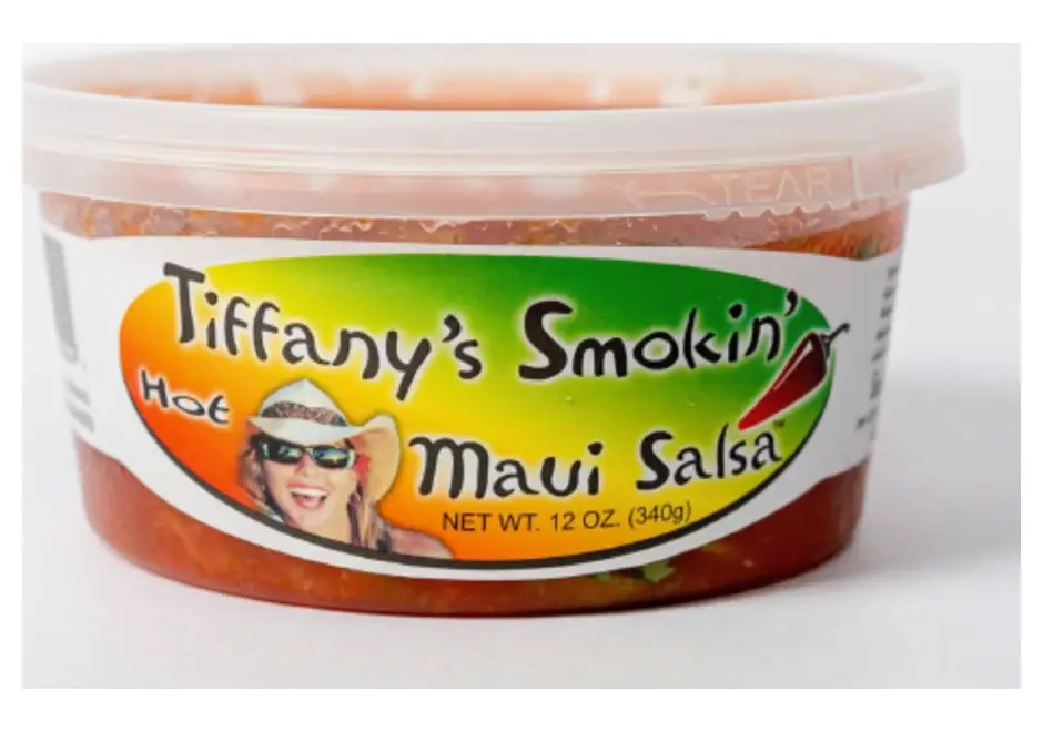 A 12 oz tub of Tiffany's Smokin' Maui Salsa
